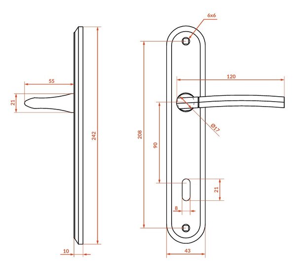 Kuchinox Luxor, klika na dveře na dlouhém kování pro interiérový klíč, rozteč 90mm, saténová, LAV-KLU_116A