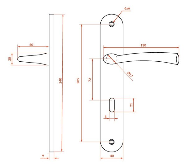 Kuchinox Malta, klika na dveře na dlouhém kování pro interiérový klíč, rozteč 72mm, saténová, LAV-KLM_3M1A