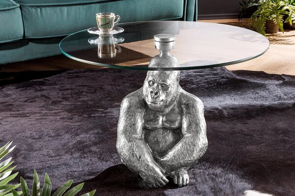 Art deco kulatý příruční stolek Tierra Glam se stříbrnou kovovou podstavou v podobě gorily a skleněnou deskou 60 cm