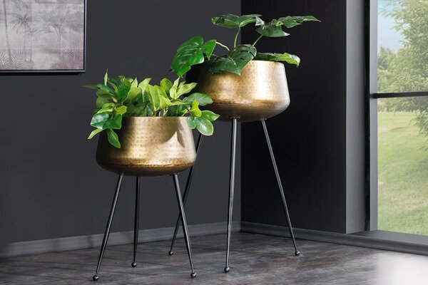 Art deco sada dvou kulatých bronzových kovových květináčů Orbit na vysokých černých nožičkách s kulovitým zakončením 63 cm