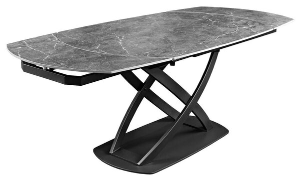 Designový šedý rozkládací jídelní stůl Lutz s oválnou mramorovou deskou s bílými žilkami a černou kovovou podstavou 190 cm