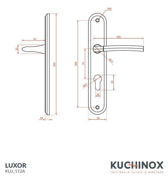 Kuchinox Luxor, klika na dveře na dlouhém kování pro cylindrickou vložku, rozteč 72mm, saténová, LAV-KLU_112A