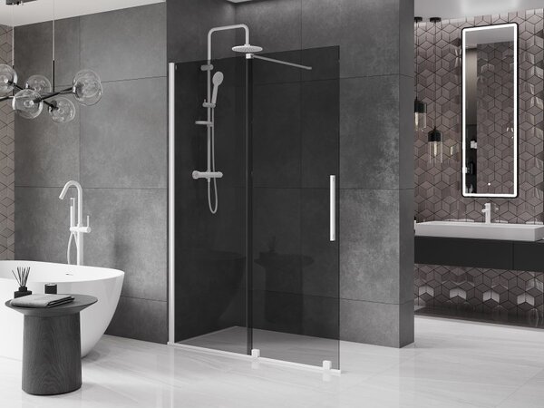 Mexen Velar, sprchová zástěna s posuvnými dveřmi Walk-in 130 x 200 cm, 8mm šedé sklo, bílá matná, 871-130-000-43-20