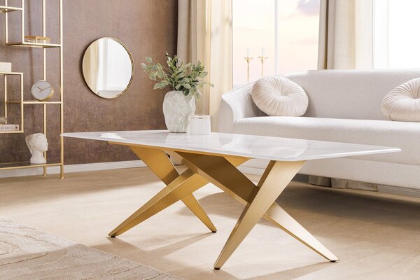 Glamour mramorový obdélníkový konferenční stolek Arturo s bílou deskou a designovou zlatou geometrickou podstavou 130 cm