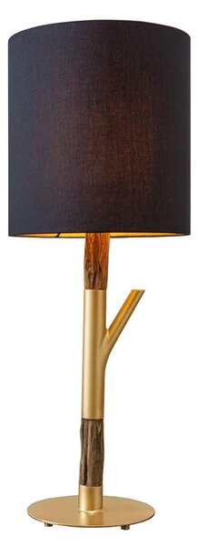 Designová moderní stolní lampa Mervik s černým stínítkem a hnědou dřevěnou nohou se zlatými kovovými detaily 74 cm