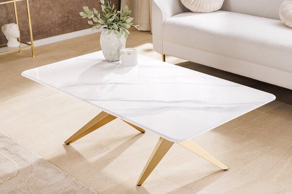 Glamour mramorový obdélníkový konferenční stolek Arturo s bílou deskou a designovou zlatou geometrickou podstavou 130 cm