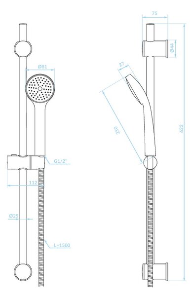 Kuchinox MEVA, sprchová souprava se sloupem a ruční hlavicí, 622 mm, chromová, LAV-NKM_01A1
