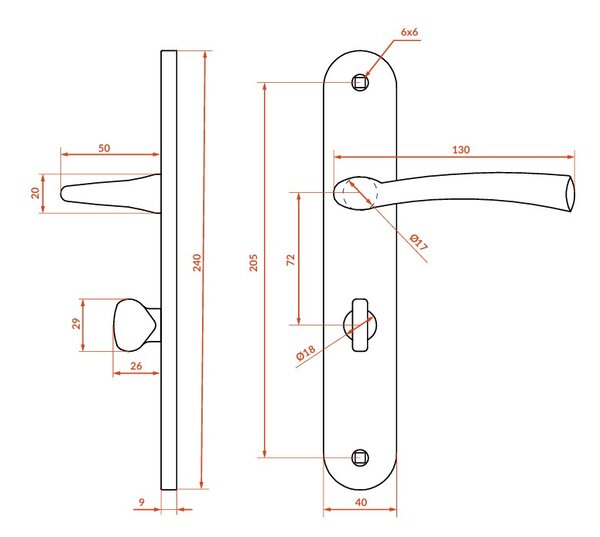 Kuchinox Malta, klika na dveře na dlouhém kování s WC zámkem, rozteč 72mm, saténová, LAV-KLM_3M3A