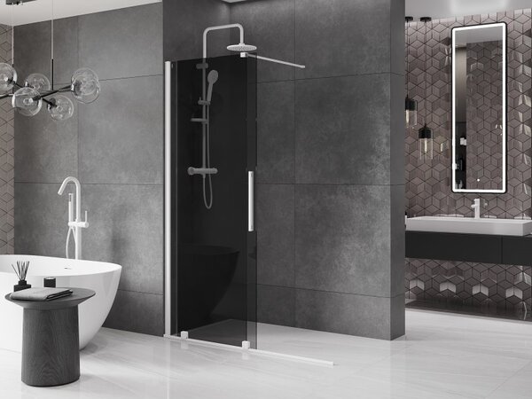 Mexen Velar, sprchová zástěna s posuvnými dveřmi Walk-in 130 x 200 cm, 8mm šedé sklo, bílá matná, 871-130-000-43-20