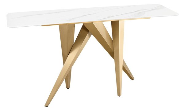 Designový art deco konzolový stolek Arturo s bílou deskou z mramoru a atypickou geometrickou zlatou podstavou 140 cm