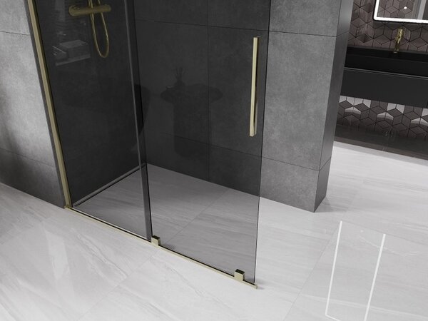 Mexen Velar, sprchová zástěna s posuvnými dveřmi Walk-in 140 x 200 cm, 8mm šedé sklo, zlatá lesklá, 871-140-000-43-50