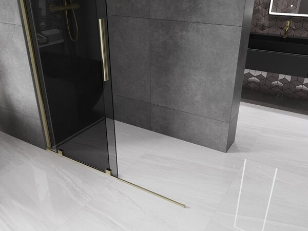 Mexen Velar, sprchová zástěna s posuvnými dveřmi Walk-in 140 x 200 cm, 8mm šedé sklo, zlatá lesklá, 871-140-000-43-50