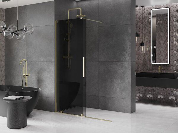 Mexen Velar, sprchová zástěna s posuvnými dveřmi Walk-in 140 x 200 cm, 8mm šedé sklo, zlatá lesklá, 871-140-000-43-50