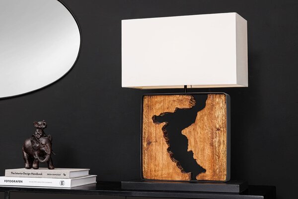 Koloniální čtvercová stolní lampa Arbaro z hnědého suarového dřeva s organickým výřezem s bílým stínítkem 58 cm