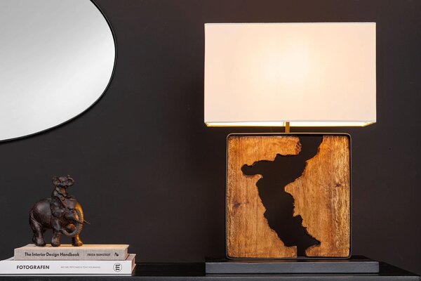 Koloniální čtvercová stolní lampa Arbaro z hnědého suarového dřeva s organickým výřezem s bílým stínítkem 58 cm