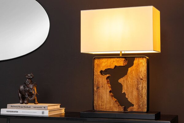 Koloniální čtvercová stolní lampa Arbaro z hnědého suarového dřeva s organickým výřezem s bílým stínítkem 58 cm