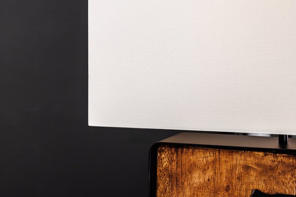 Koloniální čtvercová stolní lampa Arbaro z hnědého suarového dřeva s organickým výřezem s bílým stínítkem 58 cm