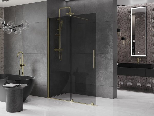 Mexen Velar, sprchová zástěna s posuvnými dveřmi Walk-in 140 x 200 cm, 8mm šedé sklo, zlatá lesklá, 871-140-000-43-50