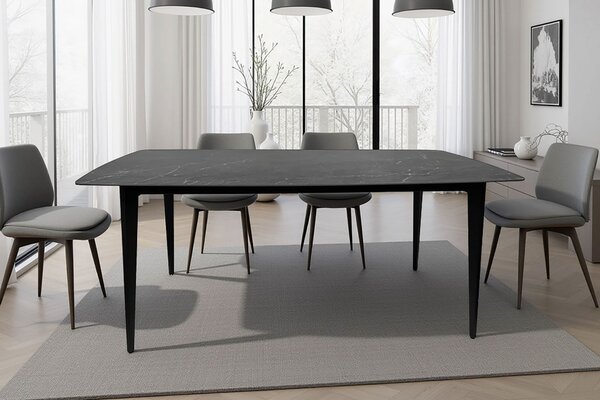 Moderní černý obdélníkový jídelní stůl Tazer s deskou s mramorovým designem a kovovými nohama 180 cm