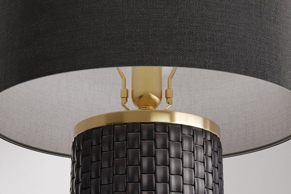 Moderní černá stolní lampa Draconia se zlatými kovovými detaily a keramickou podstavou s pleteným designem 70 cm