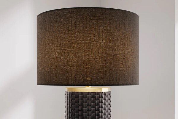 Moderní černá stolní lampa Draconia se zlatými kovovými detaily a keramickou podstavou s pleteným designem 70 cm