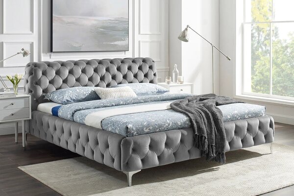 Moderní chesterfield manželská postel Modern Barock s šedým sametovým potahem a diamantovým prošíváním 190 cm