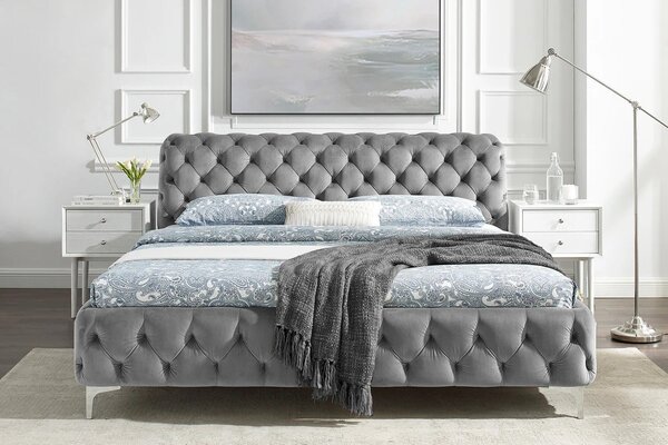 Moderní chesterfield manželská postel Modern Barock s šedým sametovým potahem a diamantovým prošíváním 190 cm