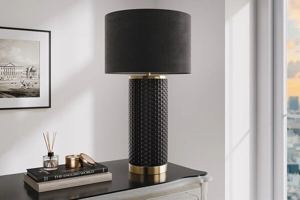 Moderní černá stolní lampa Draconia se zlatými kovovými detaily a keramickou podstavou s pleteným designem 70 cm