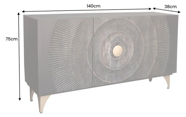 Designový etno třídveřový příborník Cumbria z mangového dřeva v černé barvě se zlatým reliéfním zdobením 140 cm