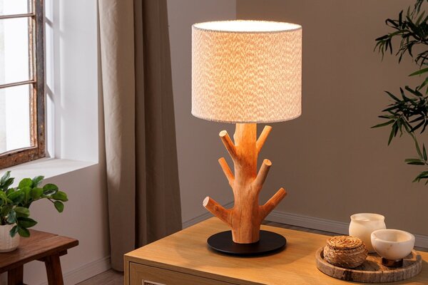 Venkovská stolní lampa Garcinia s hnědou masivní nohou s designem větví a bílým buklé stínítkem 58 cm