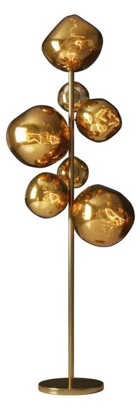 Glamour zlatá stojací lampa Kalan se sedmi skleněnými stínítky ve tvaru kapek na kovové podstavě 170 cm