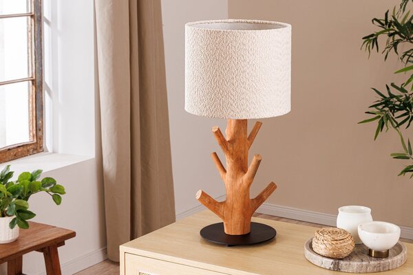 Venkovská stolní lampa Garcinia s hnědou masivní nohou s designem větví a bílým buklé stínítkem 58 cm