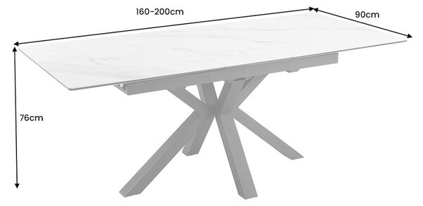 Moderný dizajnový rozkladací jedálenský stôl Marbleux s doskou s dizajnom bieleho mramoru a čiernymi prekríženými nohami 200 cm