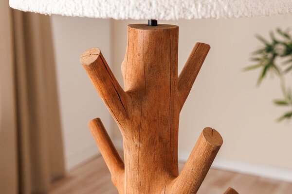 Venkovská stolní lampa Garcinia s hnědou masivní nohou s designem větví a bílým buklé stínítkem 58 cm