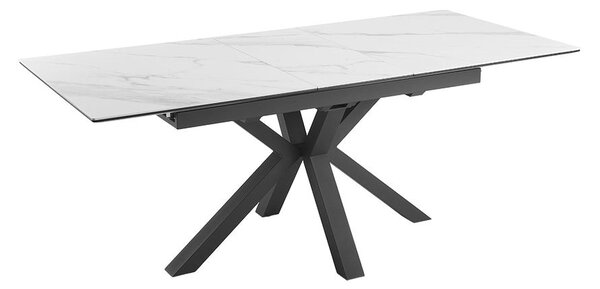 Moderný dizajnový rozkladací jedálenský stôl Marbleux s doskou s dizajnom bieleho mramoru a čiernymi prekríženými nohami 200 cm