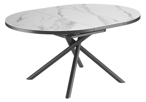 Luxusní mramorový bílý kulatý industriální rozkládací jídelní stůl Marbleux s černými kovovými nožičkami 160 cm