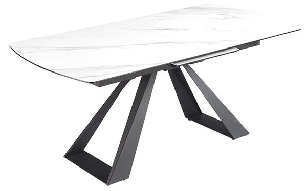 Luxusní rozkládací industriální mramorový bílý jídelní stůl Marbleux s černými kovovými nohami a oblými rohy 230 cm