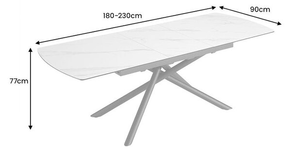 Luxusní mramorový industriální obdélníkový rozkládací jídelní stůl Marbleux s kovovými černými nohama 230 cm