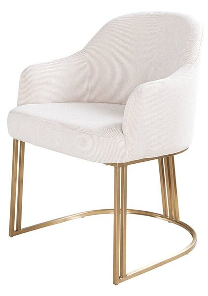 Designová art deco jídelní židle Hejdy s opěrkami na ruce s manšestrovým béžovým potahem a zlatou podstavou 81 cm