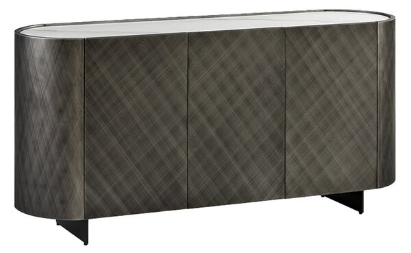 Luxusní oválný art deco antracitový šedý třídveřový příborník Monac s vrchní bílou mramorovou deskou 150 cm