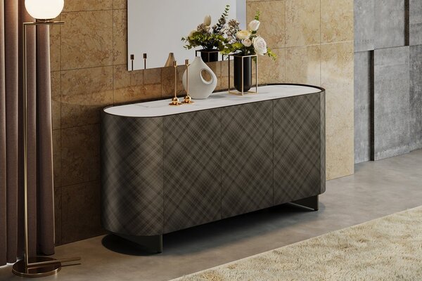 Luxusní oválný art deco antracitový šedý třídveřový příborník Monac s vrchní bílou mramorovou deskou 150 cm