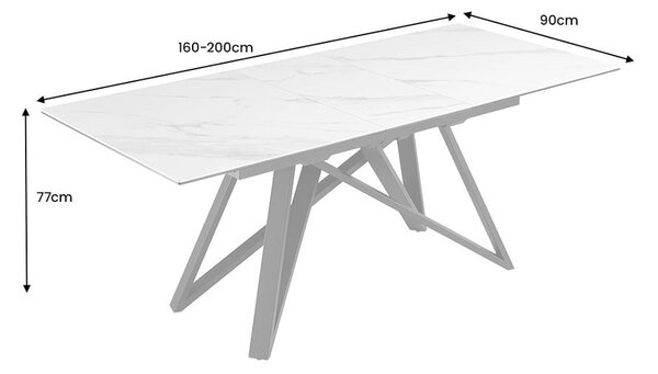 Luxusní industriální obdélnikový rozkládací mramorový jídelní stůl Marbleux s bílou vrchní deskou a kovovými nohama 200 cm
