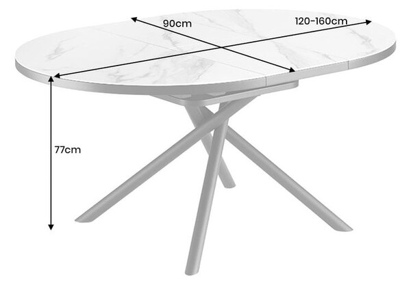 Luxusní mramorový bílý kulatý industriální rozkládací jídelní stůl Marbleux s černými kovovými nožičkami 160 cm