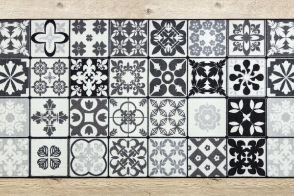Protiskluzový běhoun AZULEJO PATCHWORK lisabonský obklad - šedý / černý