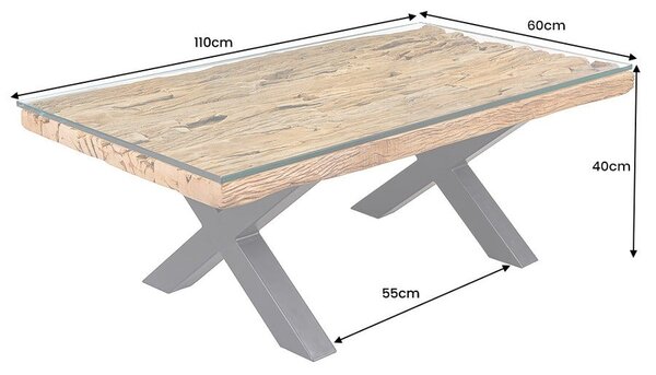 Designový moderní obdélníkový konferenční stolek Barracuda s hnědou teakovou a skleněnou deskou a černýma nohama 110 cm