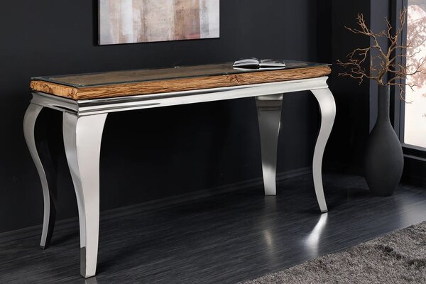 Luxusní glamour konzolový stolek Modern Barock s chromovou konstrukcí a deskou z hnědého masivního dřeva a skla 145 cm