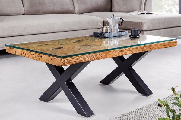 Designový moderní obdélníkový konferenční stolek Barracuda s hnědou teakovou a skleněnou deskou a černýma nohama 110 cm