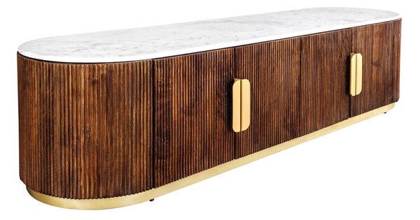 Luxusní art deco oválný čtyřdveřový TV stolek Gatsby z hnědého masivu s drážkovaným reliéfem a bílou mramorovou deskou 170 cm