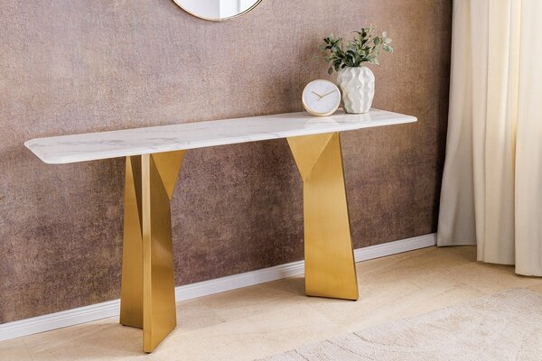Luxusní mramorový konzolový stolek Hejdy s bílou deskou s šedým žilkováním a zlatýma nohama s geometrickým designem 140 cm