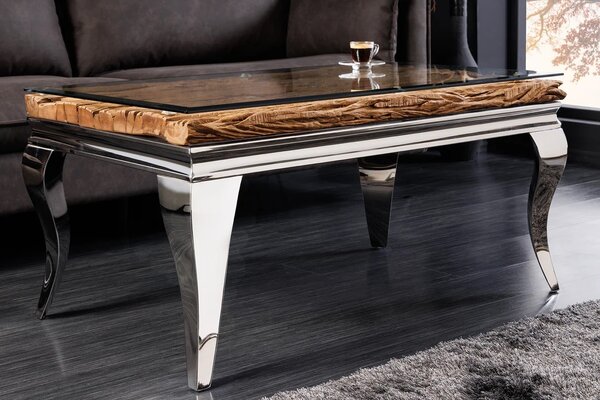 Luxusní designový obdélníkový konferenční stolek Modern Barock s chromovou podstavou a deskou ze skla a masivního dřeva 100 cm